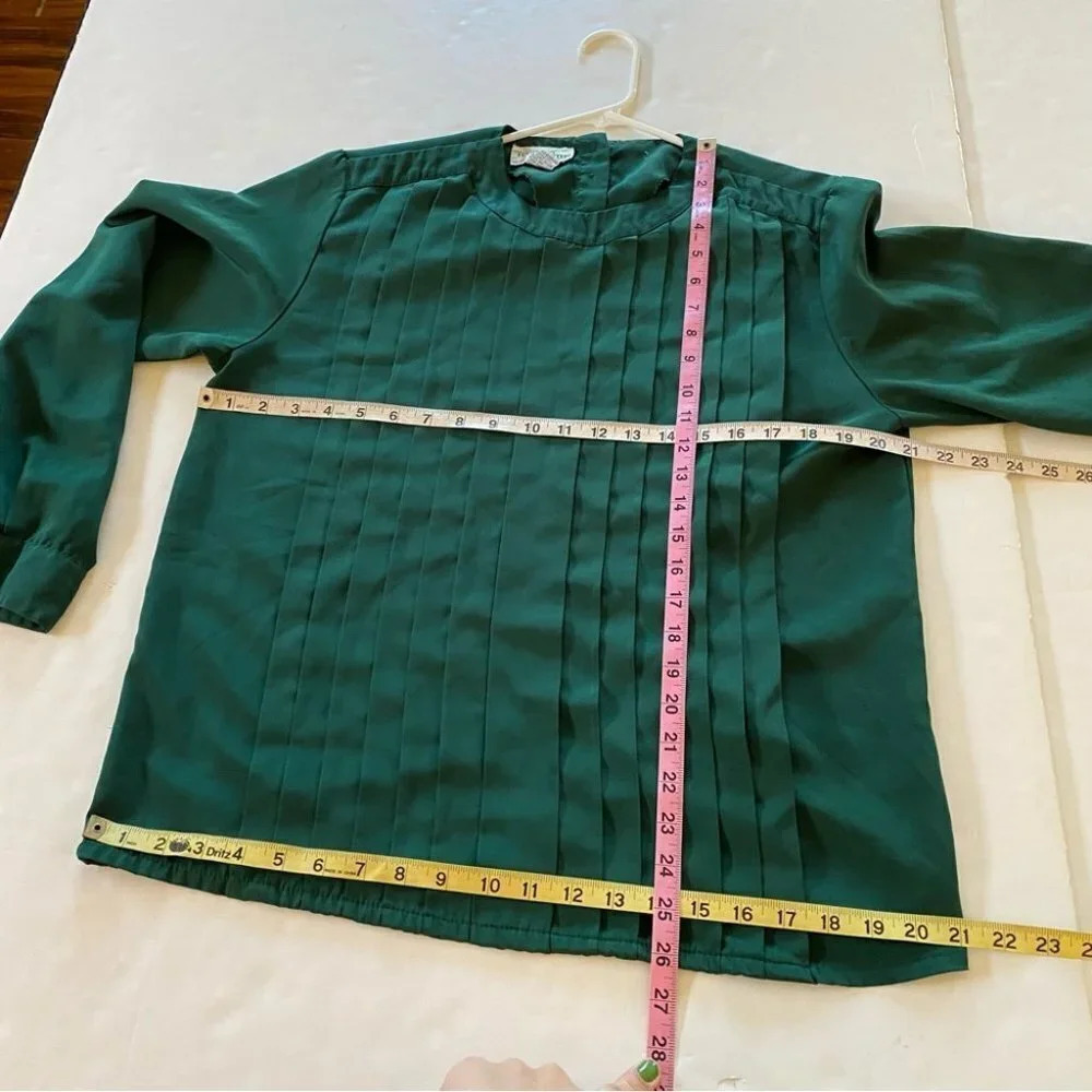 Vintage 80s Granny Pintuck Pleated Blouse Size 12 Large Hunter Green Matte Satin - Picture 8 of 10